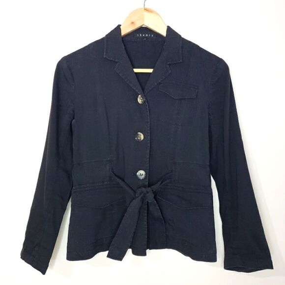 Theory Size 2 XSmall Black Linen Cropped Tie Waist Blazer Jacket - Picture 1 of 12
